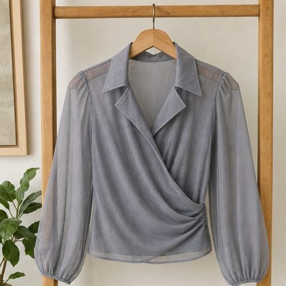 Gray Tie Neck Blouse